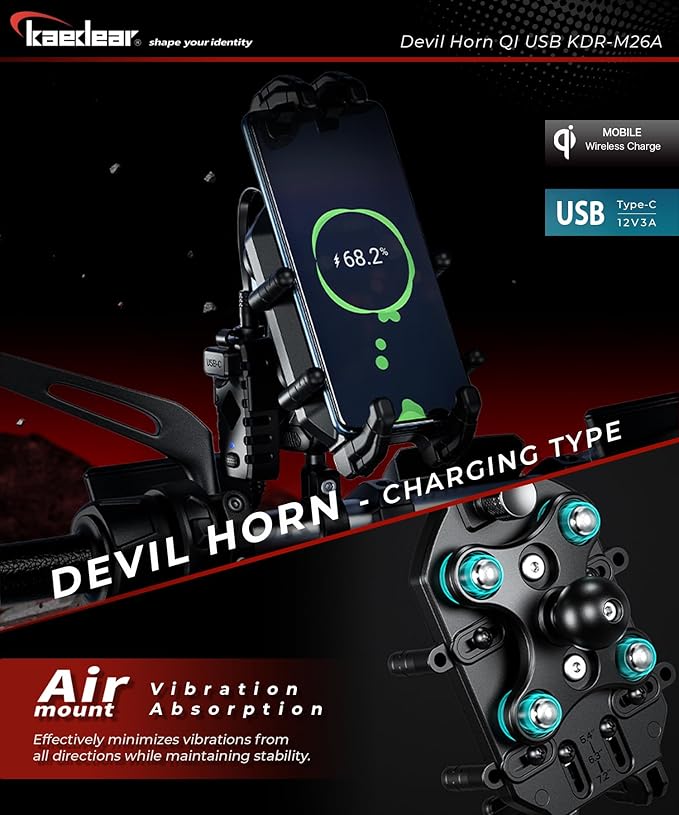 Kaedear Motorcycle Smartphone Holder, Charging, Vibration Absorption, Air Mount, Integrated QI, Wireless Charging, USB Power Supply, Devil Horn QI USB/Air Mount KDR-M26A (Qi Charging / 1" Ball)