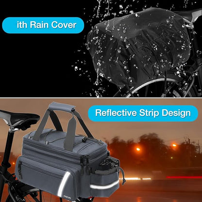 MOSISO Bike Rack Bag with Rain Cover, Bike Trunk Cooler Handag Insulated Bicycle Rear Seat Pouch with 2 Side Foldable Panniers, 8L Cycling Backseat Storage Cargo Saddle Shoulder Bag, Gray