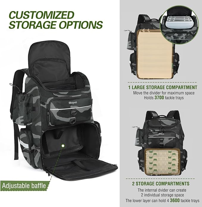 Fishing Backpack with Rod Holders, 45L Large Water-Resistant Tackle Box Backpack, Fishing Gear Gifts for Men -Camouflage