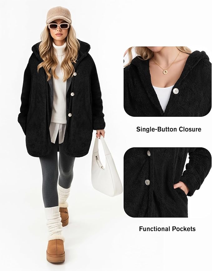 MANGOPOP Womens Fleece Jacket 2025 Winter Oversized Fuzzy Hooded Coat Button Cardigan Sherpa Sweaters Outerwear with Pockets