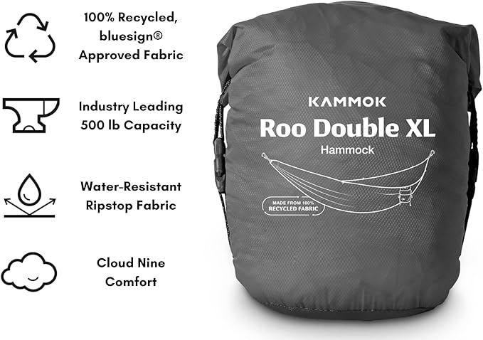KAMMOK: Roo Double XL Hammock | Made from Strong & 100% Recycled Water Resistant Ripstop Fabric | Comfortable, Packable, Lightweight (Lifetime Adventure Grade Warranty), Granite Gray