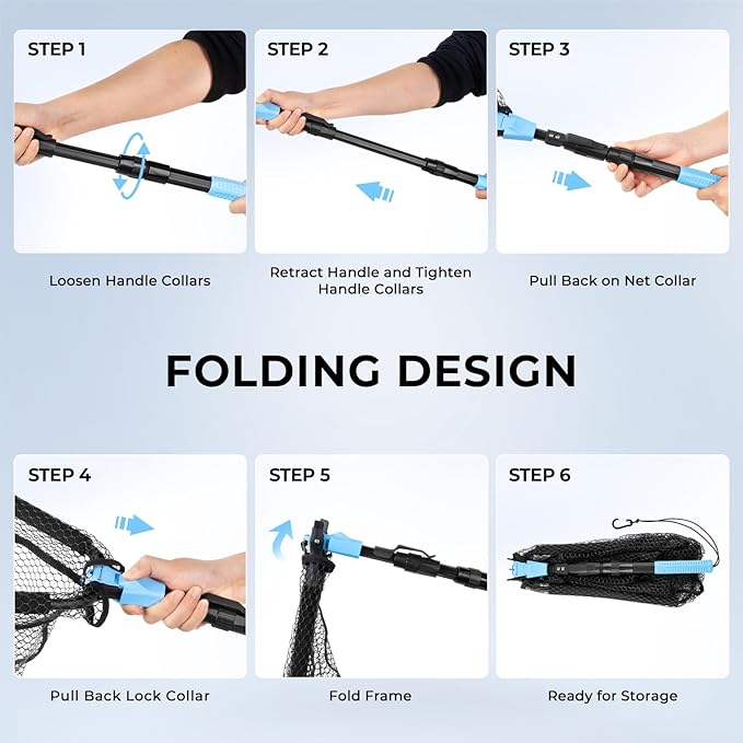 Calamus Triangle Fishing Net, Foldable, Lightweight & Strong Landing Net with Non-Slip Elastomer Handle, Built-in Elastic Lanyard and Belt Clip, Fishing Gear - Gift for Men