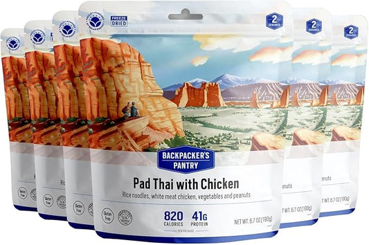 Backpacker's Pantry Pad Thai with Chicken, 2 Servings Per Pouch (6 Count), Freeze Dried Food, 23 Grams of Protein, Gluten Free