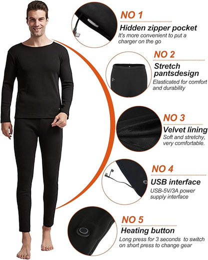 Men's Heated Thermal Underwear Set 16 Heating Zones USB Charge Winter Outdoor Sports Heated thermals top and bottom set