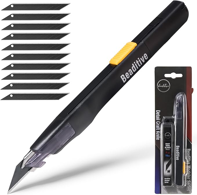 Beaditive High Precision Detail Craft Knife with 10 Blades - 30 Degree Blade Utility Knife - Art, Craft, Model Making (1 Black Knife, 10 Black Blades)