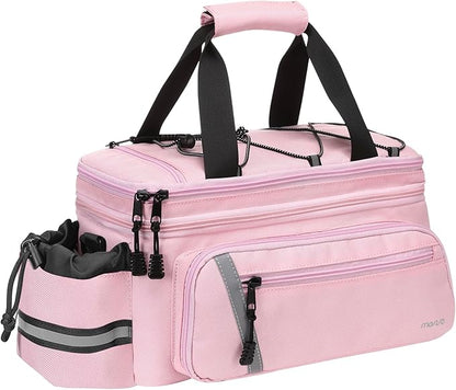 MOSISO Bike Rack Bag with Rain Cover, Bike Trunk Cooler Handag Insulated Bicycle Rear Seat Pouch with 2 Side Foldable Panniers, 8L Cycling Backseat Storage Cargo Saddle Shoulder Bag, Pink