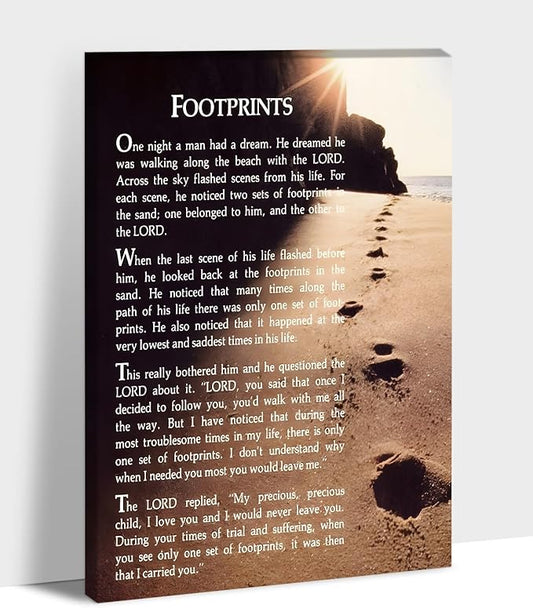 Footprints in the Sand Wall Art Decor, Footprints in the Sand Canvas Prints Wall Art, Inspirational Christian Poem Wall Poster Gift, Beach Picture Wall Art for Living Room Beach Office 28"Wx40"HInches