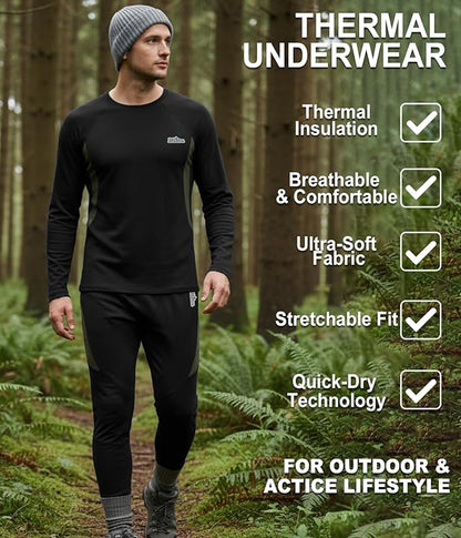 2 Pack Thermal Underwear Long Johns for Men Fleece Lined Base Layer Tops and Bottoms Set Cold Weather Winter Gear