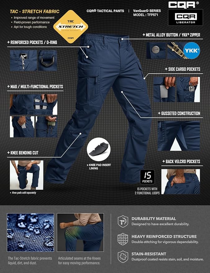 CQR Men's Flex Stretch Tactical Pants, Water Resistant Ripstop Cargo Pants, Lightweight EDC Outdoor Work Hiking Pants