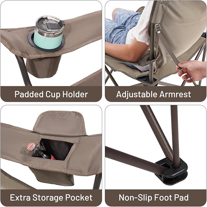 TIMBER RIDGE Oversized Folding Camping Chair for Adults, Support 550 LBS Heavy Duty with Cup Holder Side Pocket for Camp, Lawn, Picnic, Tan, 2 Pack