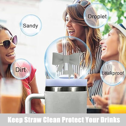 4Pcs Silicone Straw Toppers Covers for Stanley Cups 40/30oz 10mm(0.4in) Gray Dust-Proof Bow Straw Covers Toppers Suitbale for Stanley Cup Accessories Reusable Straws Caps