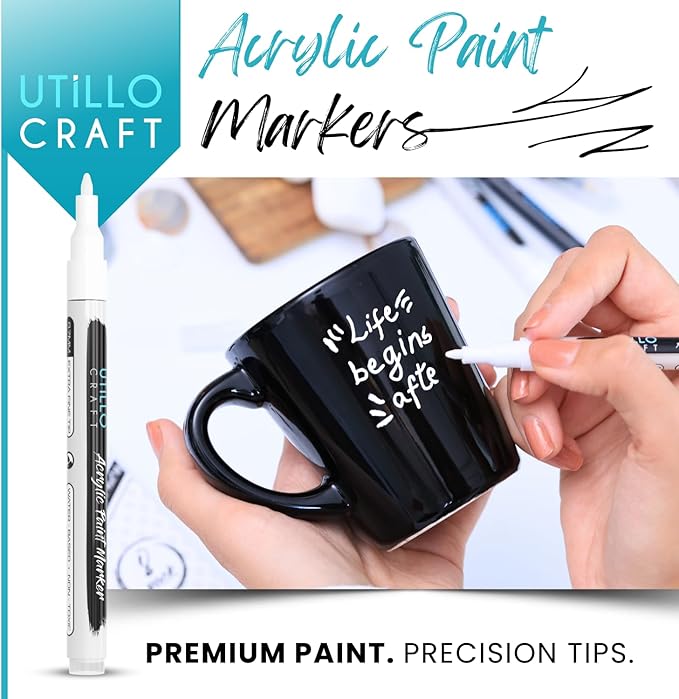 Utillo Craft (8-Pack White Paint Pens | Extra Fine Tip Made in Japan | Bold Color+100% Coverage on Rock, Wood, Glass, Paper, Plastic, Metal, Canvas, Fabric | 0.7mm White Acrylic Paint Markers