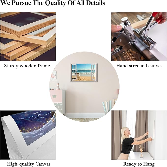 ANRUOXI Beach Wall Art, Blue Ocean Canvas Wall Decor, Beach Theme Window Frame Style Prints Blue Sea Painting, White Window Frame Style Seaside Nature Coastal Framed Artwork for Bathroom 18x24 Inch