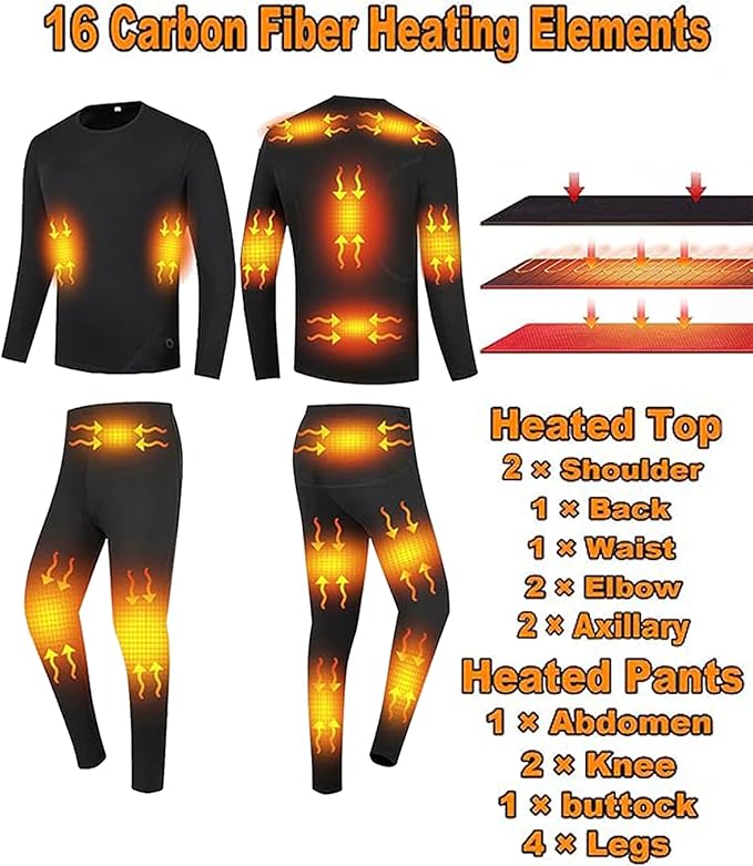 Men's Heated Thermal Underwear Set 16 Heating Zones USB Charge Winter Outdoor Sports Heated thermals top and bottom set