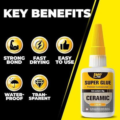Super Glue for Ceramic, Thin Clear Liquid CA Glue for Pottery Porcelain, Fast Drying and Strong Bonding Superglue All Purpose Cyanoacrylate Adhesives for Ceramic Glass Metal Wood Leather Repairs