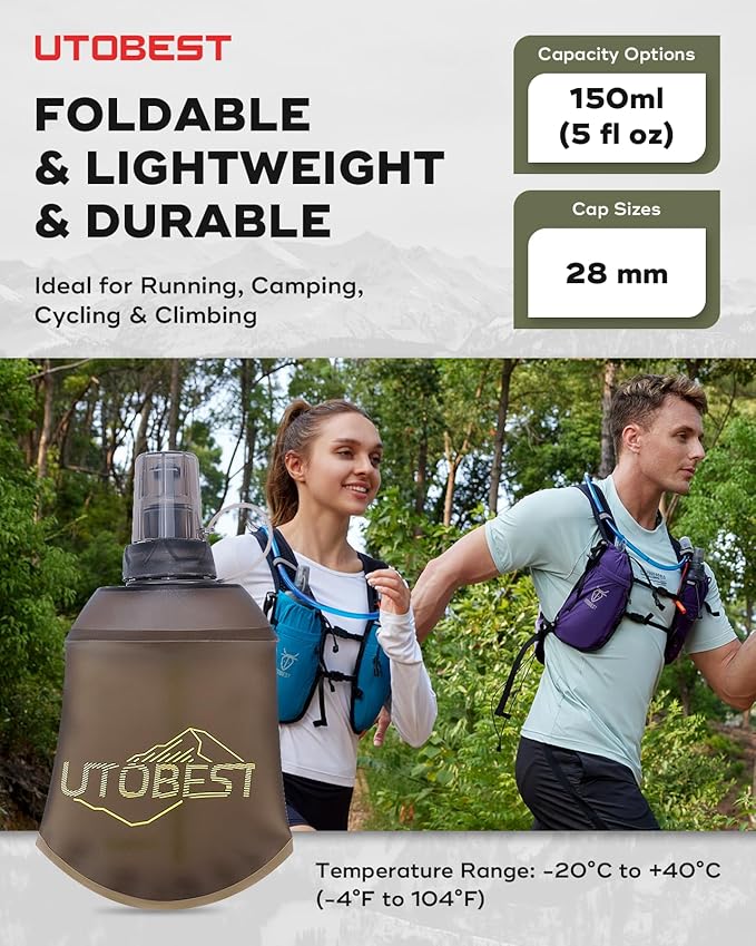150ml Soft Flask, 1 Pack Flexible TPU Hydration Water Bottle, Collapsible with 28mm Caliber for Running, Hiking, Cycling, Climbing, and Marathon Yellow