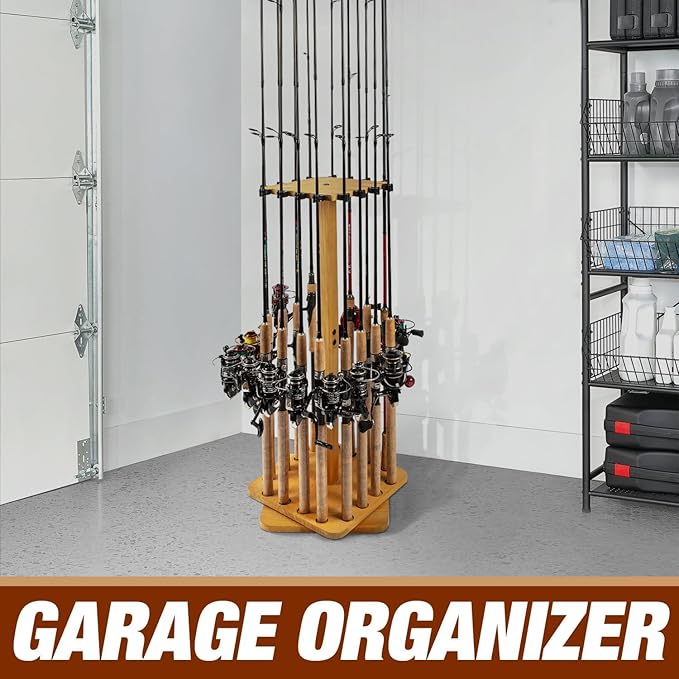 Ghosthorn Fishing Rod Holders for Garage 360 Degree Rotating Fishing Pole Rack, Floor Stand Holds up to 16 Rods Wood Fishing Gear Equipment Storage Organizer, Fishing Gifts for Men Women