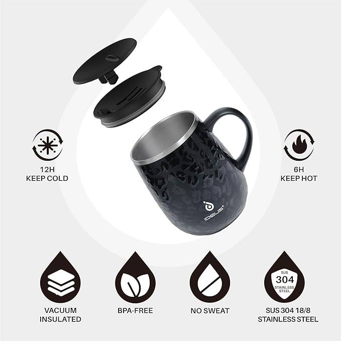 Ideus 16 oz (470 ml) Insulated Coffee Mug with Handle and Lid, Double Wall Stainless Steel Vacuum Thermal Coffee Mug, Travel Coffee Cup Thermal Cup for Home and Office, Leopard Black
