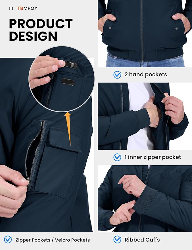 TBMPOY Men's Fall Jacket Winter Windbreaker Bomber Zip Up Padded Softshell Warm Windproof Casual Coat