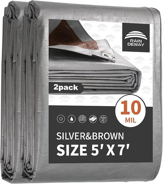 Tarps Heavy Duty Waterproof 5x7 Feet (2 Pack), 10Mil Multipurpose Small Tarp Cover with Metal Grommets and Reinforced Edges, Silver/Brown Tarp by RAINDEWAY