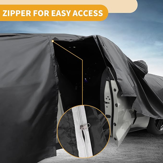 Waterproof All-Weather Universal Car Cover with Right Side Zipper, 190T Polyeste Black Blue Fits for Sedan Up to 165" Length