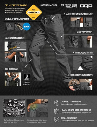 CQR Men's Flex Stretch Tactical Pants, Water Resistant Ripstop Cargo Pants, Lightweight EDC Outdoor Work Hiking Pants