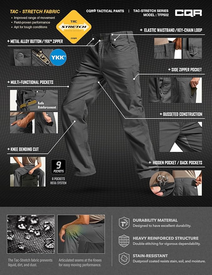CQR Men's Flex Stretch Tactical Pants, Water Resistant Ripstop Cargo Pants, Lightweight EDC Outdoor Work Hiking Pants