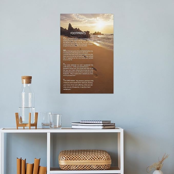 Footprints in the Sand Religious Canvas Wall Art Posters, Inspirational Beach Sunset Poem Print Poster (Unframed 24x36inch, Footprints(2))