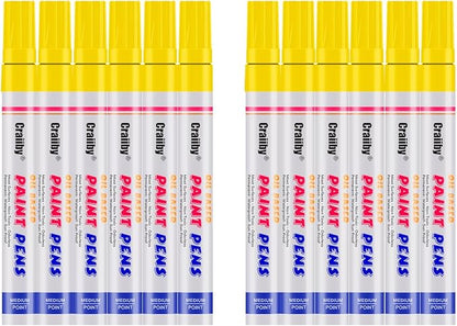 Yellow Paint Markers, 12 Pack Oil-Based Waterproof Quick Dry Permanent Paint Pen Set for Rocks Painting, Wood, Fabric, Plastic, Canvas, Glass, Mugs, Metal, Tire, Stone, DIY Craft