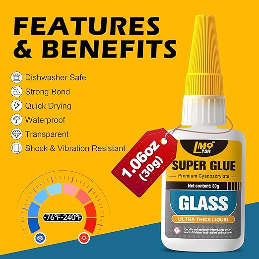 Glass Super Glue Liquid, Clear Instant Cyanoacrylate Adhesives for Glass Repair, All Purpose CA Glue for Shoe Ceramic Plastic Leather Model Metal Wood Pottery Aquarium Porcelain Stone, Thick
