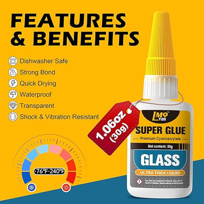 Glass Super Glue Liquid, Clear Instant Cyanoacrylate Adhesives for Glass Repair, All Purpose CA Glue for Shoe Ceramic Plastic Leather Model Metal Wood Pottery Aquarium Porcelain Stone, Thick