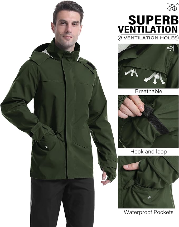 iCreek Rain Suit Waterproof Jacket with Pants 2 Pieces Breathable Lightweight Packable Raincoat with Hooded Rain Gear Unisex