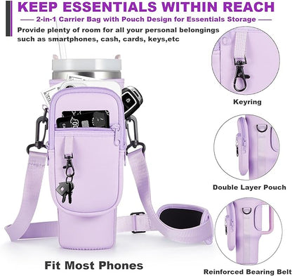 Water Bottle Carrier Bag with Phone Pocket for Stanley 40 & 30 oz Tumbler with Handle,Pink Insulated Neoprene Cup Holder Pouch w/Adjustable Strap for Quencher H2.0 Stanley Cup Accessories