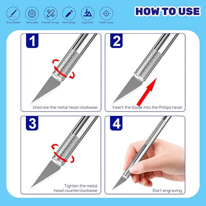 74Pcs Precision Hobby Knife Set Contains 4 Metal Pens Handles and 70Pcs #11 Exacto Knife Refill Blades for Art Cutting Carving, Phone Repair Stencil, Pumpkin Carving, DIY Scrapbooking