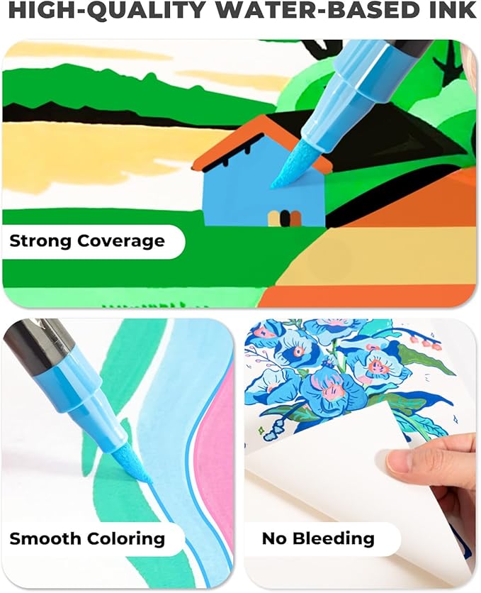 JusArt 48Colors Acrylic Paint Markers Set with Canvas Bag, Dual Tips with Brush Tip & Fine Tip, No-Bleed, Waterproof, Non-Toxic & Odorless Paint Pens for Rock, Egg, Wood, Canvas, Glass, Ceramic, DIY