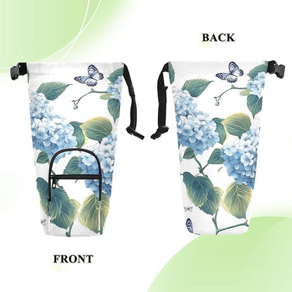 Blue Hydrangea Butterfly Water Bottle Holder with Strap Insulated Water Bottle Carrier Crossbody Bags Pouch with Phone Pocket for Travel Gym Hiking Walking Running