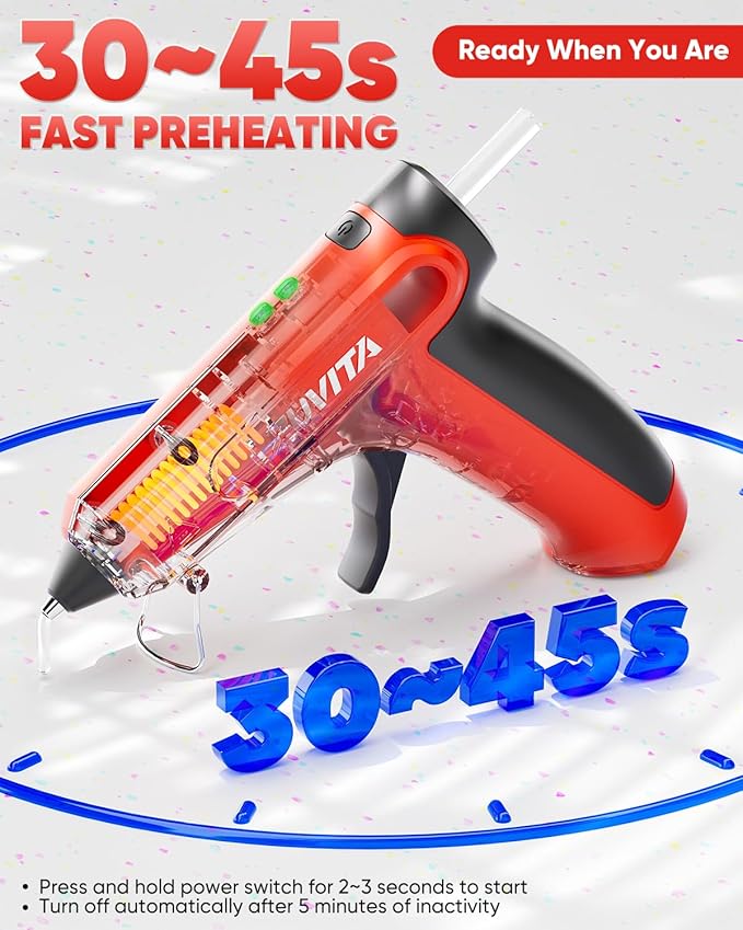 4V Red Cordless Hot Glue Gun Kit with 30 Multi-Color Glue Gun Sticks, Fast Preheating, USB-C Rechargeable with 2600mAh Built-in Battery, Less-Drip Hot Melt Glue Gun for DIY, Crafting, Art