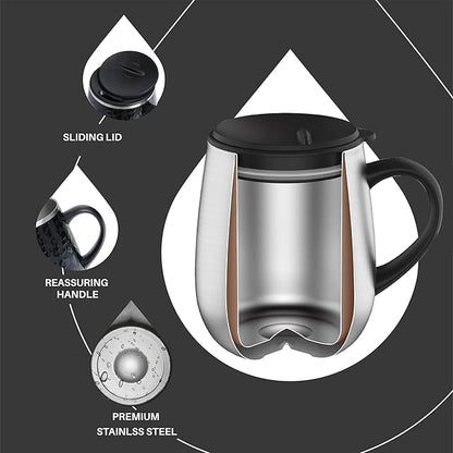 Ideus 16 oz (470 ml) Insulated Coffee Mug with Handle and Lid, Double Wall Stainless Steel Vacuum Thermal Coffee Mug, Travel Coffee Cup Thermal Cup for Home and Office, Leopard Black