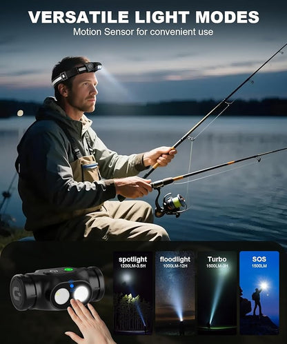 Rechargeable Running Headlamp, High Lumens Bright Head Lamp Led with Motion Sensor, 4 Modes, Magnet, Detachable Flashlight & Headband for Adult, Outdoor, Emergency, Hard Hat Light 4PC