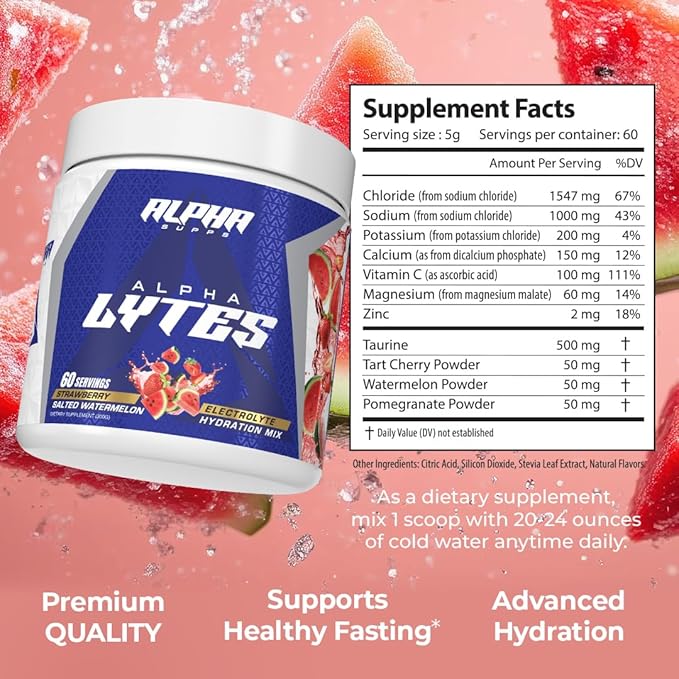 Alpha Lytes - Electrolyte Powder Daily Hydration Drink Mix - Sugar-Free, Zero Calorie Instant Formula with Trace Minerals and Antioxidants (60 Servings, Salted Watermelon Strawberry)