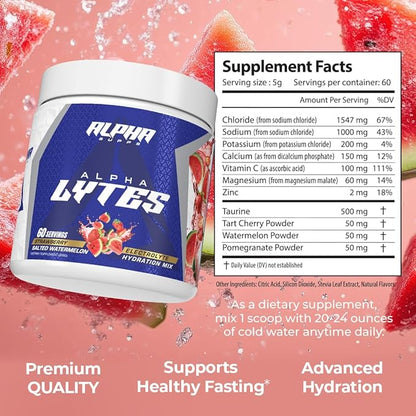 Alpha Lytes - Electrolyte Powder Daily Hydration Drink Mix - Sugar-Free, Zero Calorie Instant Formula with Trace Minerals and Antioxidants (60 Servings, Salted Watermelon Strawberry)