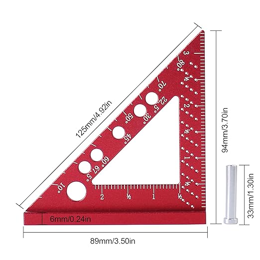 Carpenter Square, Small Triangle Square, 90 Degree Small Square Ruler, Woodworking Measuring Tool with Fixed Miter Angle Pin (Red)