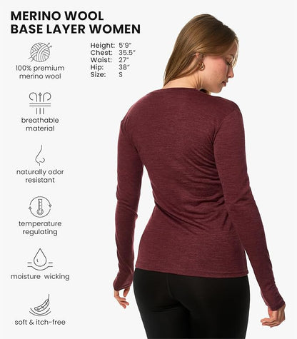 Merino Wool Base Layer Women - 100% Merino Wool Shirt Women Thermal Underwear Long Sleeve T-Shirt for Hiking