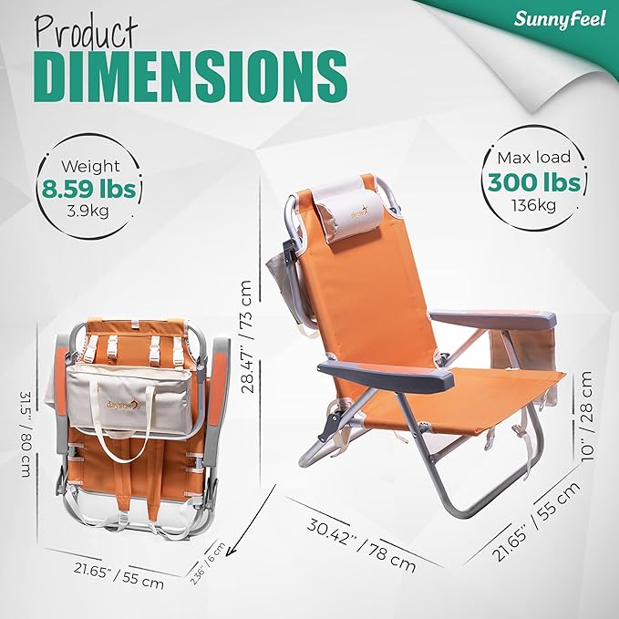 SUNNYFEEL Beach Chairs for Adults 2 Pack 5 Position Lay Flat, Portable Folding Backpack Beach Chair Heavy Duty with Cooler Bag, Cup Holder for Outdoor/Lawn/Picnic, Foldable Camping Chair