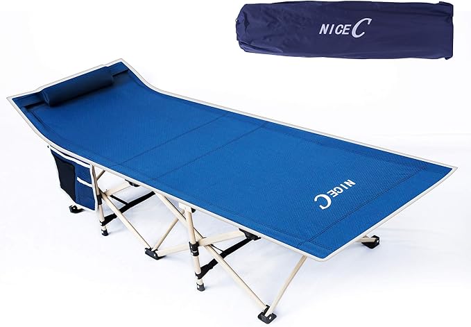 Nice C Camping Cots, Cots for Adults, Folding Cot, with Pillow, Carry Bag & Storage Pocket, Extra Wide Sturdy, Holds Up to 500 Lbs (1, Blue)