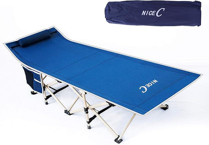 Nice C Camping Cots, Cots for Adults, Folding Cot, with Pillow, Carry Bag & Storage Pocket, Extra Wide Sturdy, Holds Up to 500 Lbs (1, Blue)