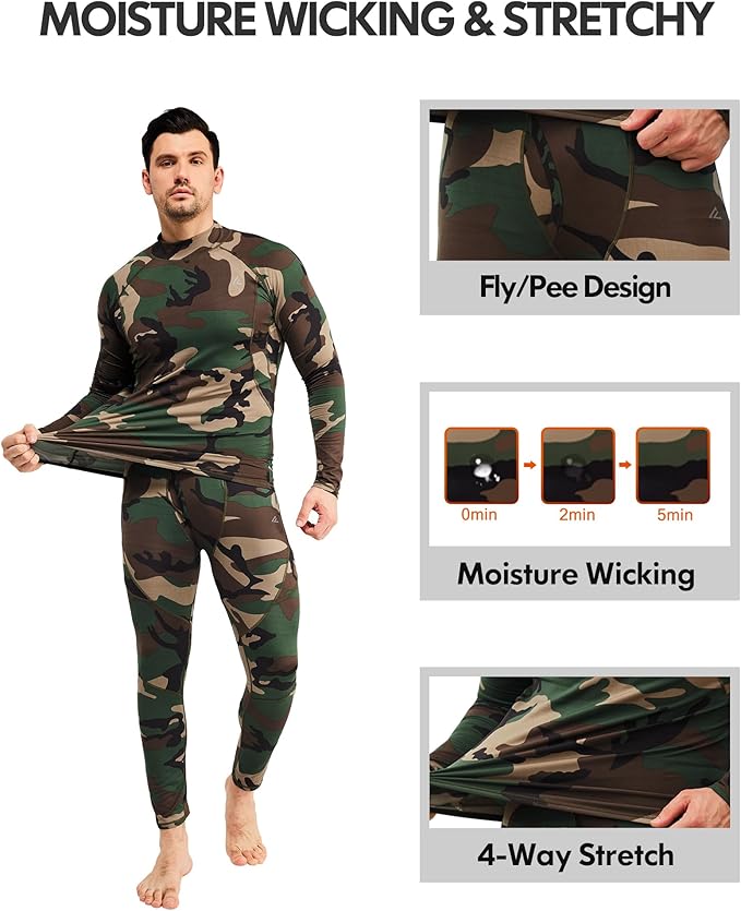 CL convallaria 2 Pack Mens Thermal Underwear Fleece Lined Long Johns Winter Base Layer Cold Weather Hunting Gear