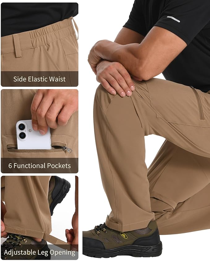 Mens Hiking Pants Convertible Quick Dry Zip Off Tactical Cargo Pants Water Resistant Lightweight Outdoor Pants with 6 Pockets