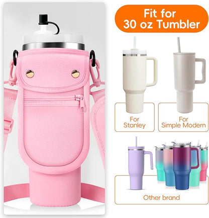 Water Bottle Carrier Bag with Phone Pocket for Stanley 40/30 oz Tumbler Neoprene Insulated Mug Sleeve Pouch with 2 Pockets & Adjustable Strap & Straw Cover for Stanley Cup Accessories