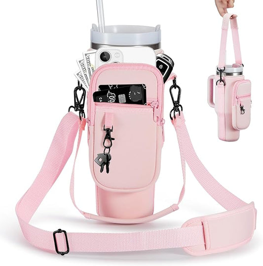 Water Bottle Carrier Bag with Phone Pocket for Stanley 40 & 30 oz Tumbler with Handle,Pink Insulated Neoprene Cup Holder Pouch w/Adjustable Strap for Quencher H2.0 Stanley Cup Accessories